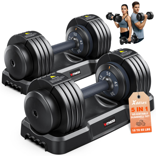 XDDIAS Adjustable Dumbbell Set of 2, 25/55/80LB Dumbbell Set-Fast Adjust Weights Set, 5/10/16 in 1 Free Weights Dumbbells Set with Anti-Slip Metal Handle, Compact Size for Men/Women Home Gym Equipment (Black-55LB-2pcs)