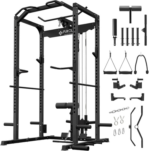 Mikolo F4 2.0 Power Cage with Dual-Track Smooth Pulley System, 1200LBS Power Rack with Leg Hold-Down for Heavy LAT Pulldowns, All-in-One Squat Rack with More Training Attachments for Home Gym