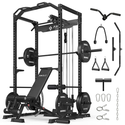 Mikolo Power Cage, Power Rack with LAT Pull Down System and Leg Hold-Down, 1200 Pounds Capacity Workout Cage with Pulley Sytem for Home Gym (B230HPHGP)