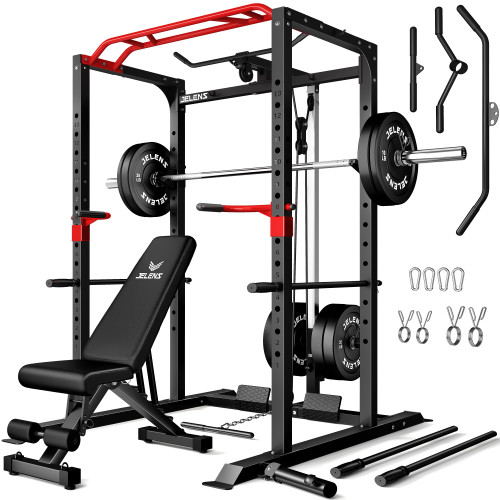 JELENS Power Cage, 2000LBS Multi-Function S11 Power Rack with LAT Pulldown, Squat Rack with More Training Attachments, Weight Workout Machine for Home Gym (230LB Black Weights Package)