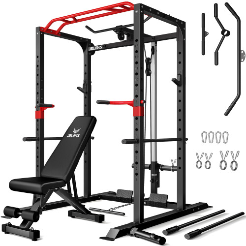 JELENS Power Cage, 2000LBS Multi-Function S11 Power Rack with LAT Pulldown, Squat Rack with Pulley System and More Training Attachments, Weight Workout Machine for Home Gym (Weight Bench Package)