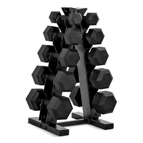 CAP 150 LB Rubber Coated Hex Dumbbell Hand Weight Set with Vertical Storage Rack | Black Handle