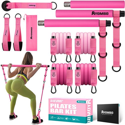 Ayombo Pilates Bar Kit with Resistance Bands, Adjustable Pilates Equipment for Legs, Hip, Waist, Arm, Squats Exercise Equipment for Home Gym Workouts, 3-Section Pilates Bar Kit for Women & Men