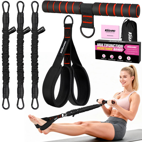 KUZARO Upgraded Multifunction Pedal Resistance Band with Handle, 3 Tube Adjustable Resistance Bands for Abdomen, Waist, Arm, Core/ABS, Leg Workout - Sit Up Exercise Equipment for Women Men