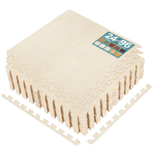 Sorbus 96 Sq. Ft. Wood Grain Floor Tiles Foam Mat EVA Interlocking Mats Tile 3/8-Inch Thick Flooring Wood Puzzle Exercise Mats w/Borders - Home Playroom Basement, Apartment, Trade Show, Baby, Dance