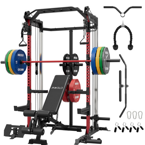 Mikolo Power Cage, 2000LB Power Rack with Independent Dual Pulley System, Multi-Function Home Gym Workout Machine for Cable Crossover (370LBS, Red)