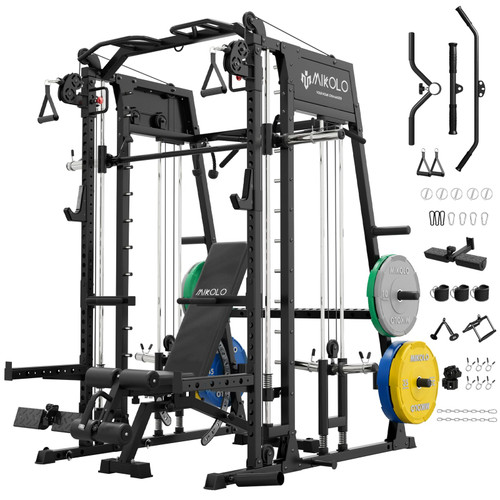 Mikolo Smith Machine, 2200lbs Squat Rack with LAT-Pull Down System & Cable Crossover Machine, Power Rack and Packages (BSL230CPHGP)