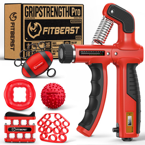 FitBeast Grip Strength Trainer, Hand Gripper Strengthener Kit - 6 Pack with Adjustable Resistance Forearm Strengthener, Forearm Exerciser and Massage Balls for Hand Therapy, Grip Training (Red)