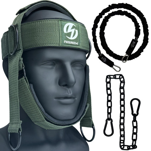 Neck Harness for Increases Neck Core Strength - Neck Exerciser with 30" Heavy Duty Steel Chain for Safely Lifting Weights Up to 280 lbs Green