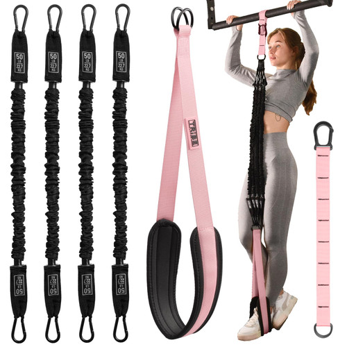 Pull Up Assistance Bands Set - 4 Heavy-Duty Pull Up Bands, Height Adjustable Strap & Comfortable Foot Strap - Stackable Pull Up Resistance Bands for Pull Ups (Pink)