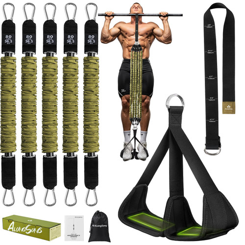 ALongSong Pull Up Assistance Bands with Foot Support Pedal Upgraded Heavy Duty Resistance Bands Adjustable Weight/Height with 5x80Lbs Bands&Measured Strap for Strength Training Home Gym Workout-Green