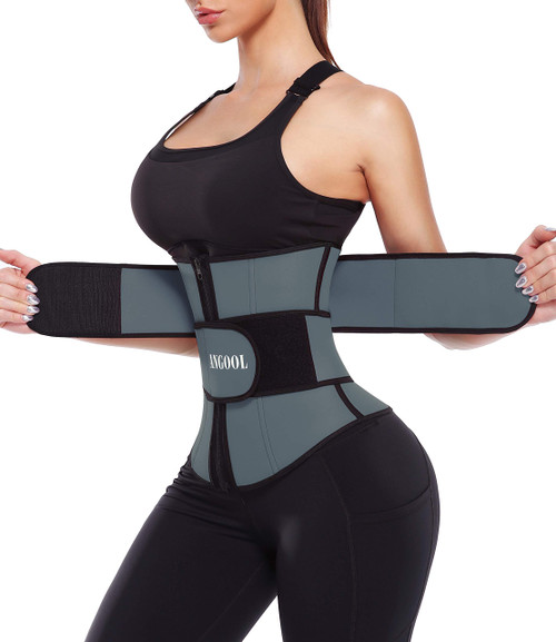 ANGOOL Neopren Waist Trainer For Women,Workout Plus Size Trimmer Belt Sauna Sweat Corset Cincher With Zipper M Gray-Dark