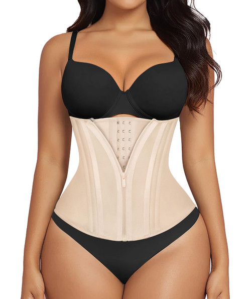 SHAPERX Waist Trainer for Women Underbust Corset Shapewear Tummy Control Workout Waist Cincher Body Shaper Zipper and Hooks, SZ7310-Beige-2XL