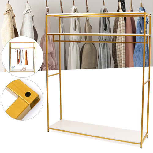 Fashion New Gold Iron Clothing Rack With Shelves For Home Application