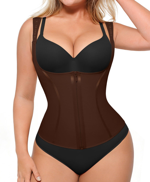 SHAPELLX Waist Trainer Tummy Control Corset Shapewear Postpartum Faja Colombianas Body Shaper for Women Brown S