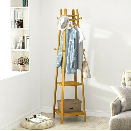 Bamboo Coat Rack Free Standing 2-Shelves Clothing Storage Garment Organizer Stand with 8 Hooks Clothes Poles 55kg Load-bearing f
