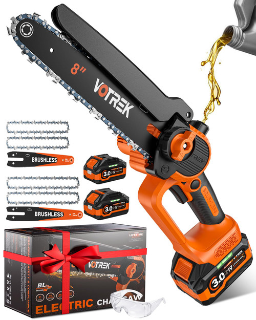 VOTREK® [2-in-1] 8" & 6" Chainsaw Cordless with 2x3.0AH Batteries - Powerful Brushless Electric Mini Chain Saw Set (4 Chains& 2 Bars), Christmas Gardening Tools Gifts for Husband Dad Mom Father Men