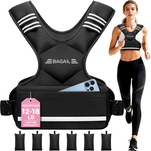 BAGAIL Adjustable Weighted Vest for Men & Women 12-18lb, Comfortable U-Neck Rucking Vest with 6 Removable Weights, Storage Pocket and Reflective Strips for Running, Rucking, HIIT, Cardio & Home Gym