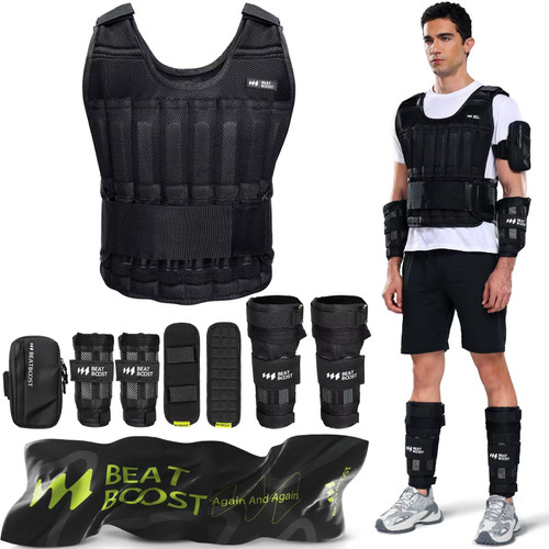 BeatBoost Weighted Vest Men 50 lb Adjustable Weight Vest with Wrist Ankle Weights Steel Plates Weights for Walking Strength Training Running Workout