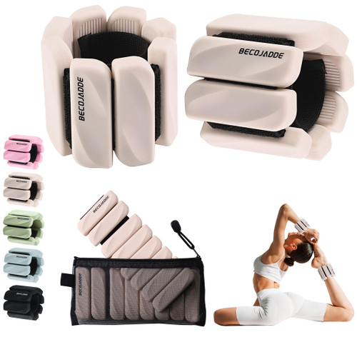BECOJADDE Ankle Weights for Women Men Adjustable 1LB Wrist Weights Bracelet Set of 2 for Home Gym Weighted Bangles Wristbands Leg Arm Weights for Walking Swimming Running Pilates Yoga Gym, Beige