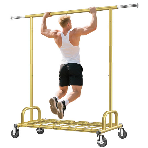 Raybee Heavy Duty Clothes Rack, Gold Clothing Racks for Hanging Heavy Clothes 200+, Rolling Clothing Rack Load 530 LBS, Extendable & Adjustable Portable Commercial Garment Rack with Wheels, Gold