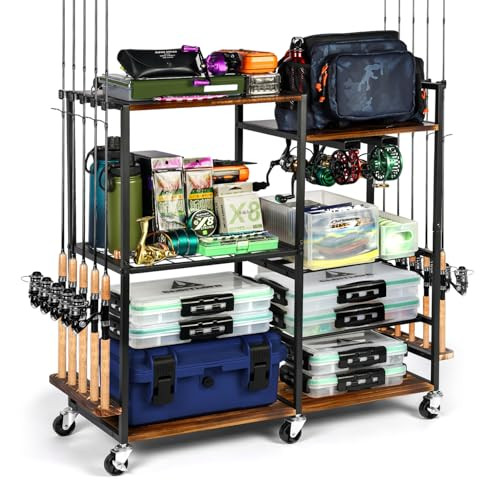 Ghosthorn Fishing Rod Holders for Garage Fishing Pole Holders Up to 10 Rods, Containers Included, Tackle Box Reel Storage Fishing Pole Rack Rotating Cart Fishing Gear Equipment Organizer