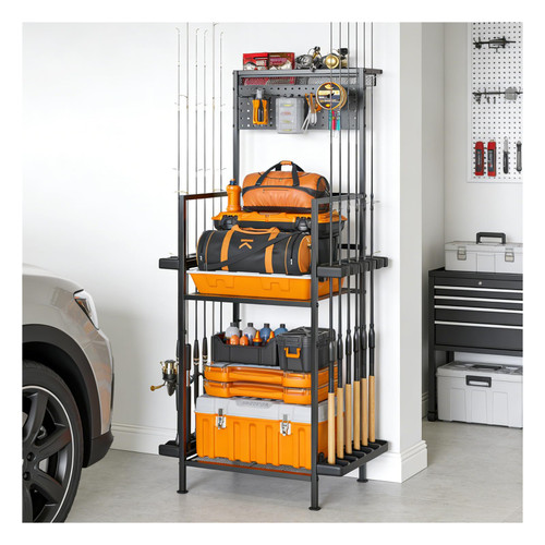 YQSLYSF Fishing Rod Holders for Garage with Pegboard & Metal Mesh Basket, Fishing Rod Storage Rack, Vertical Fishing Pole Holder for Up to 12 Poles, Tackle Gear Organizer