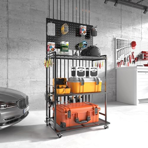 SOYEEZE Large Size Fishing Rod Holders for Garage, 3-Tier Fishing Pole Rack with Pegboard and Hooks, Fishing Gear Tackle Box Organizer Up to 12 Rods, Rolling Fishing Storage Cart with Lockable Wheels