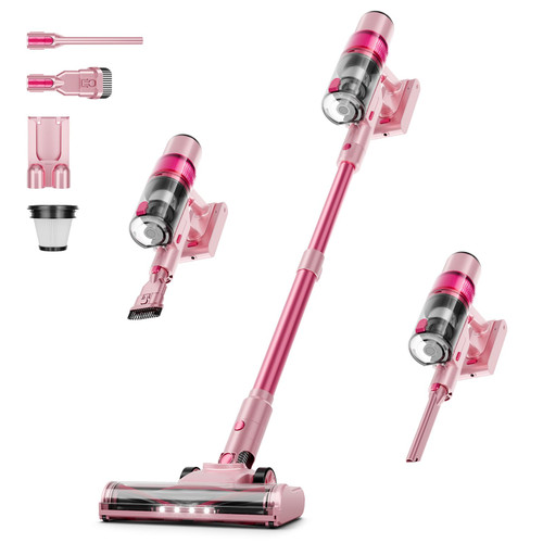 Cordless Vacuum Cleaner: Portable 6-in-1 Stick Vacuum with Anti-Tangle Brush, LED Headlight, Self-Standing, HD display, Rechargeable Vacuum for Pet Hair, Low-Pile Carpet and Hardwood Floor-Dark Pink