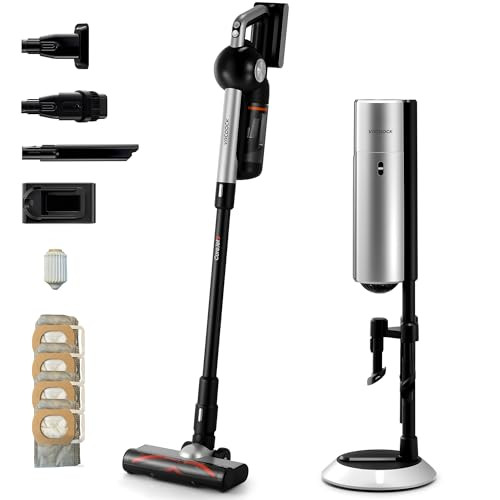 VACDOCK CoreJet5+ Cordless Vacuum Cleaner, 450W 150AW 33KPA Self-emptying Stick Vacuum with All-in-One Dock & 2 Rechargeable Battery for Home, Pet Hair, Carpets and Floors, 3 Power Modes Up to 60 Mins