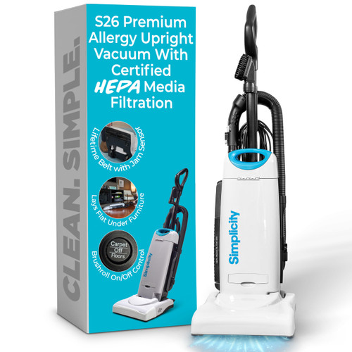 Simplicity Vacuums Premium Allergy Upright Vacuum Cleaner – Multi-Surface Bagged Vacuum Cleaner for Home with Charcoal HEPA Filter Media, Powerful Pet Hair Pickup, Brushroll Activation Switch, S26