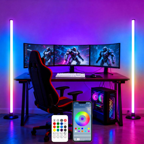 Flupuro ICRGB Corner Floor Lamp, 2 Pack Smart LED Floor Lamps with App & Remote Control, Music Sync, 16 Million Colors, Auto Timer, Modern Ambient Standing Light for Gaming Room, Living Room, Bedroom