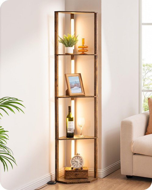 EDISHINE 64" LED Floor Lamp, Modern Floor Lamp with Shelves, Tall Standing Lamp with 3 Color Temperature, Stepless Dimmable Corner Floor Lamps for Living Room, Bedroom, Office, Burlywood