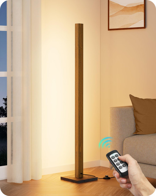 EDISHINE Mid Century Modern Floor Lamp with Remote, Dimmable Wood LED Corner Lamp, Minimalist Standing Mood Lighting for Living Room, Bedroom, Office, 7 Color Temperature 2700K~6000K, 48.43"