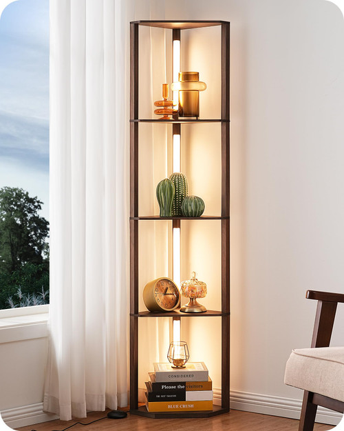 EDISHINE Dimmable LED Floor Lamp with Shelves, Corner Floor Lamps for Living Room, Corner Shelf with LED Light, 3CCT, Modern Standing Lamp, Floor Lamp for Bedroom, Office, Walnut