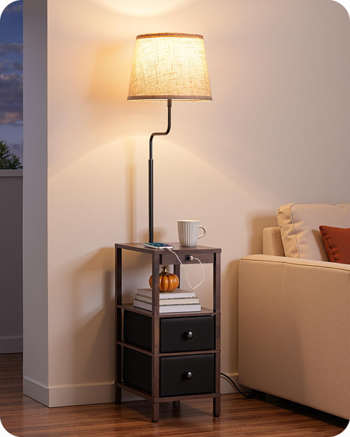 EDISHINE Floor Lamps for Living Room, 3000K-6500K Dimmable Floor Lamp with Table, USB-A+Type-C Charging Port, Table with Lamp Attached for Bedroom, Den, Office, Kids Room, Fire-Burned Wood Color