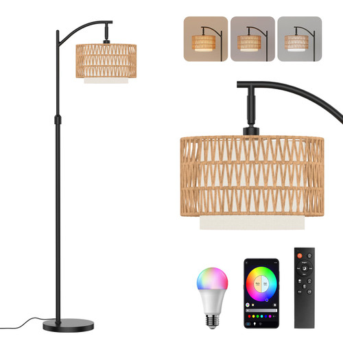 Boho Floor Lamp - Arched Floor Lamps for Living Room, Farmhouse Floor Lamp with 3 Color Temperature Black Standing Lamp with Rattan & Fabric Double Shade Bohemian Rattan Floor Lamps for Bedroom Office