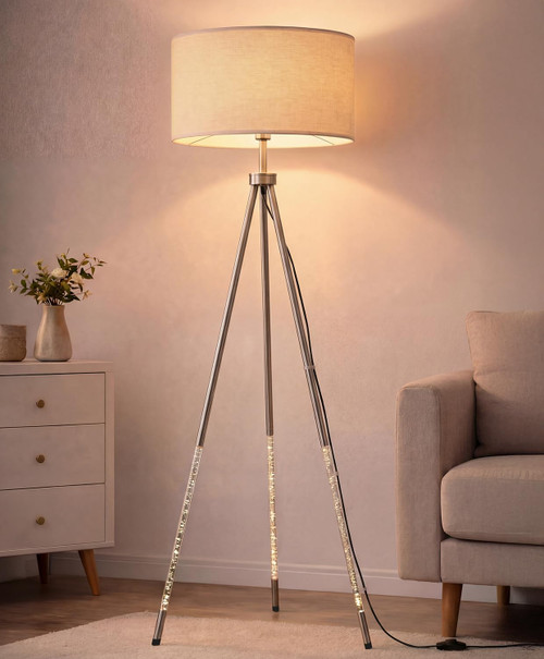 JOOFO Tripod Floor Lamp with Fabric Shade, Crystal-Style Acrylic & Metal Pole Design, Stepless Dimmable Standing Floor Lamp with Remote Control, Mid-Century Style for Living Room Bedroom,Satin Nickel