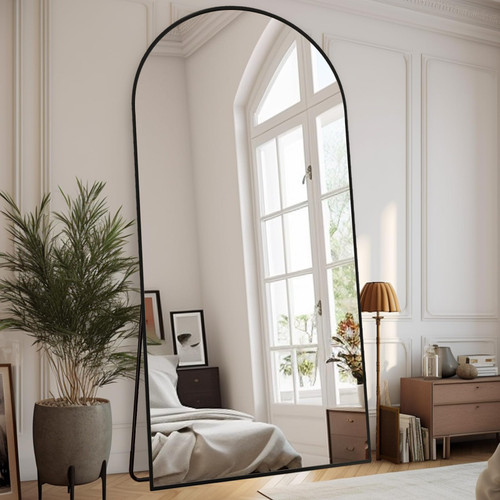 ZHUNFA Black Arched Full Length Mirror, 76x34 Oversized Mirrors with Stand, Aluminum Full Length Floor Mirror with Arched-Top, Floor Standing Mirrors for Bedroom, Living Room
