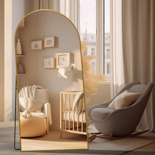 ZHUNFA Arched Full Length Mirror, 76x37 Oversized Floor Mirror with Stand, Gold Mirror Full Length, Aluminum Full Body Dressing Mirrors with Arched-Top, Leaning for Living Room, Bedroom