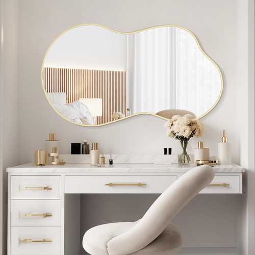 WallBeyond Gold Irregular Wall Mirror, Modern Asymmetrical Mirror with Aluminum Frame for Bedroom, Bathroom, Living Room, and Entryway 46" H x 26" W (Gold)