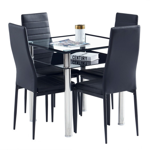 Dining Table Chairs Set Include 1 2-Layer Square Tempered Glass Dining Table + 4 Elegant High Backrest Dining Chairs 