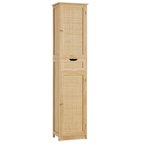 Iwell Tall Narrow Storage Cabinet with Doors, Rattan Cabinet with Adjustable Shelves, Freestanding Linen Storage for Living Room, Entryway, Kitchen, Bathroom, Natural