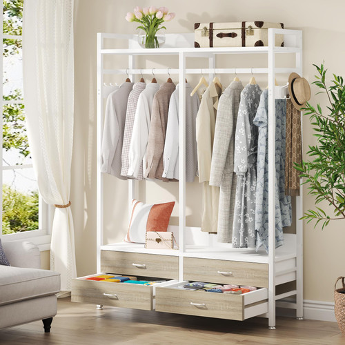 Tribesigns Freestanding Closet Organizer for Hanging Clothes, Heavy Duty Garment Rack with 4 Drawers, 8 Hooks and Storage Shelves, Wardrobe Closet Clothing Rack for Bedroom, Living Room, White Walnut