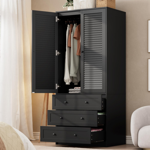 GarveeHome Armoire Wardrobe Closet with Drawers, 69.5 in Wooden Wardrobe Cabinet with Hanging Rod, 2 Doors Clothing Storage Cabinet for Bedroom, Large Capacity Storage, Louvered Door, Black