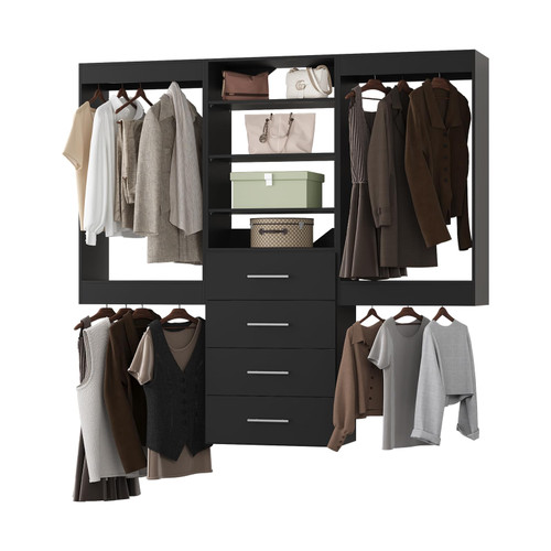 MODCART Modular Closet Organizer, 66" Wide with Hanging and Drawers, Wood Tower Storage for Walk-in Closets, Wall-Mounted Black Wardrobe Kit