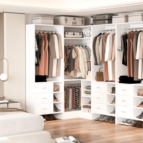 HOMPUS Modular L-Shaped Closet System with 6 Drawers & 4 Hanging Rods, Reversible Walk-in Closet Organizer, Freestanding Wooden Wardrobe Storage for Bedroom, White (92.6"L * 31.5"W / 63"L * 61"W)