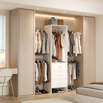 HOMPUS Closet Organizer System with 3 Drawers, 80'' Closet Organizers and Storage, 4-9Ft Adjustable Wall-Mounted Wardrobe System, Walk-in Wardrobe Closet Rack with 4 Hanging Rods for Bedroom, White