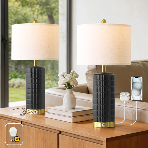 PoKat Ceramic Table Lamps Set of 2 for Living Room, 25'' Modern Touch Bedside Lamps for Bedroom with 2 USB Ports, Farmhouse Black Matte-Textured Nightstand Lamps Office Home Decor (Bulbs Included)