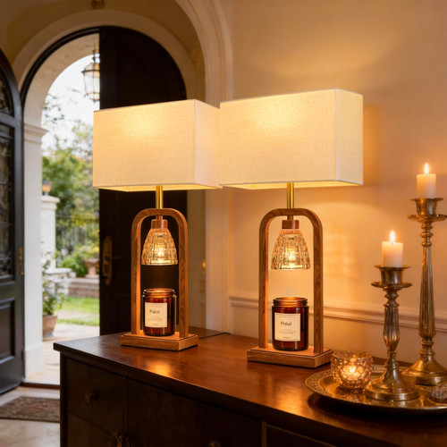 PoKat Farmhouse Table Lamps with Candle Warmer & Timer for Bedroom, Wood-Like Bedside Lamps Set of 2 for Night Stands, 21.5'' Bedroom Lamps Decor for Living Room, Corded Eletric, No Battery